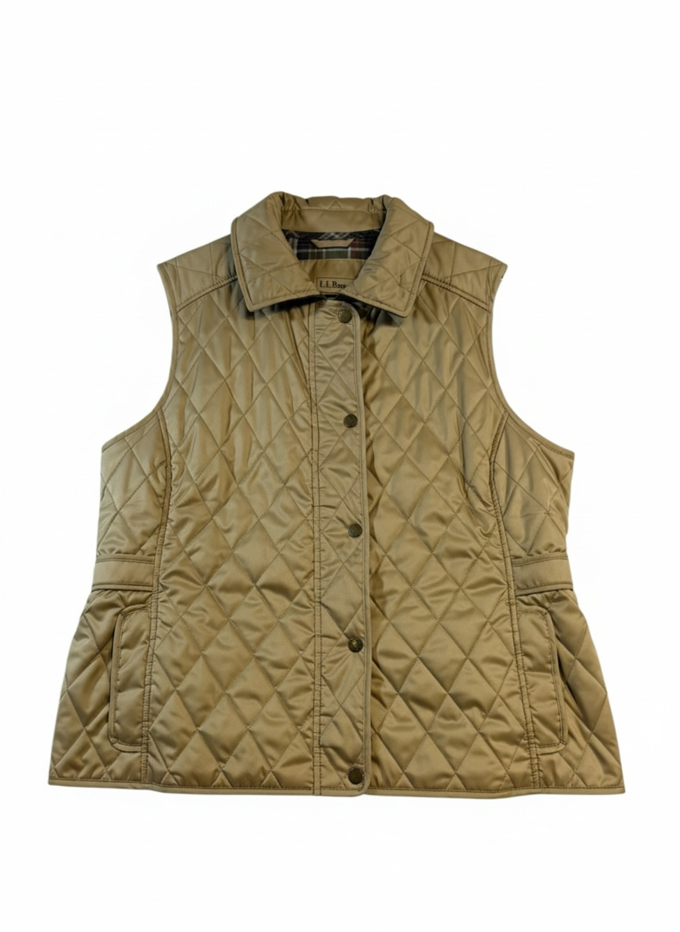 L.L.Bean Women’s LP Quilted Equestrian Vest Tan Khaki Snap Front Petite